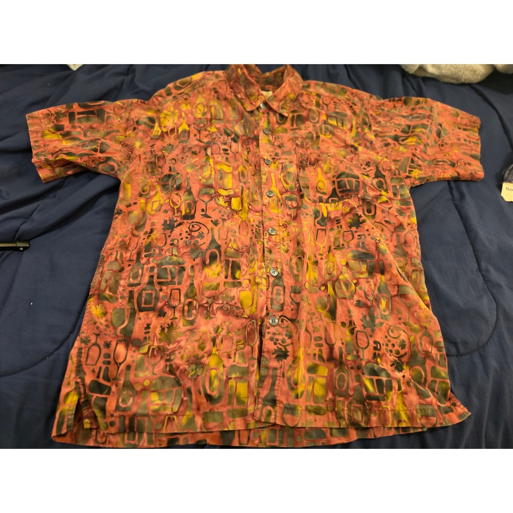 Santiki Mens Batik Wine Vineyard Print Button Down Shirt Orange Red Large